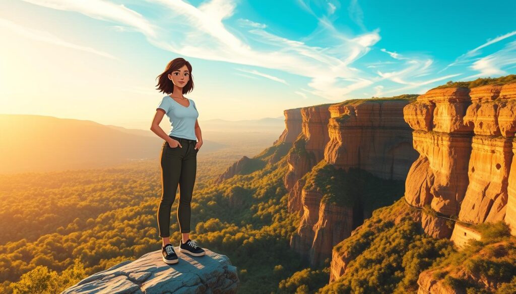 A resilient young woman stands confidently on a rocky cliff's edge overlooking a vast, serene landscape bathed in the golden light of sunrise. In the foreground, she is dressed in modest casual clothing, embodying strength and determination. Her expression is one of calm focus, symbolizing inner strength and growth. In the middle ground, the cliffs descend into a lush valley filled with vibrant green trees, representing the journey of emotional growth. The background features a clear blue sky with wispy clouds, creating a sense of endless possibilities. Use soft, warm lighting to evoke a hopeful and uplifting mood. The angle captures the woman from a slightly low perspective, emphasizing her stature against the expansive horizon, illustrating resilience as an essential component of emotional growth. nextself.ai