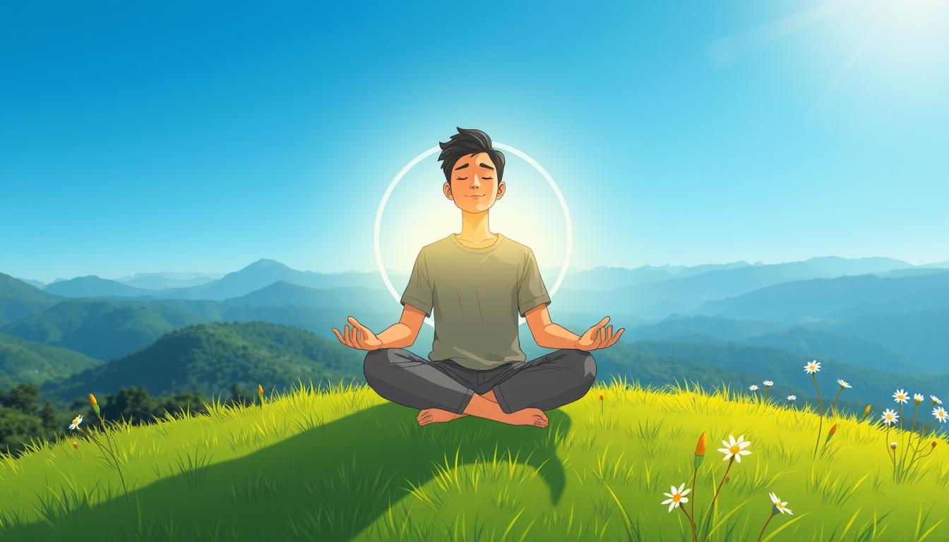 Person seated cross-legged in soft morning light during a quiet self-awareness practice on a green hillside